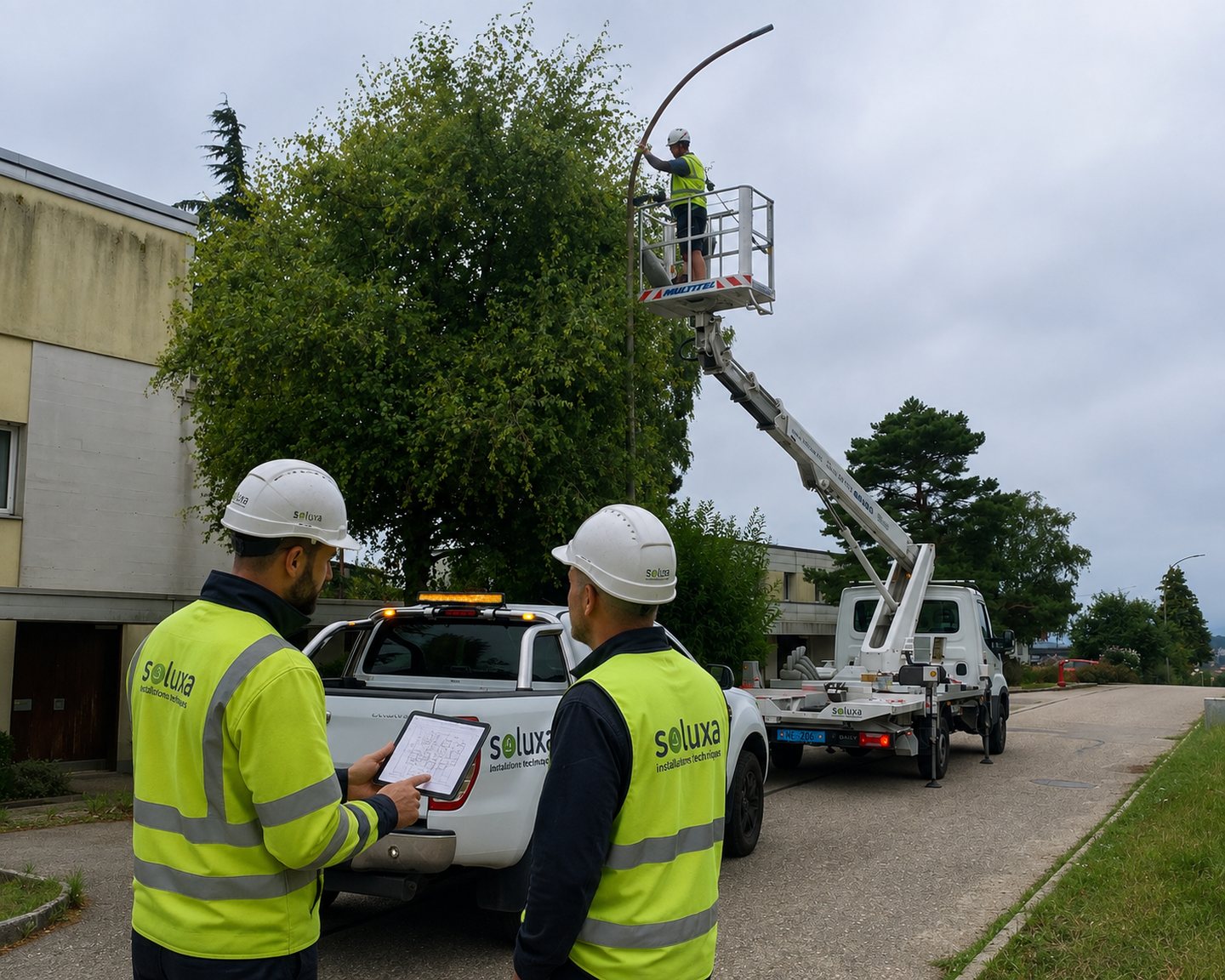 Deux techniciens Soluxa devant une nacelle, en intervention sur un candélabre.